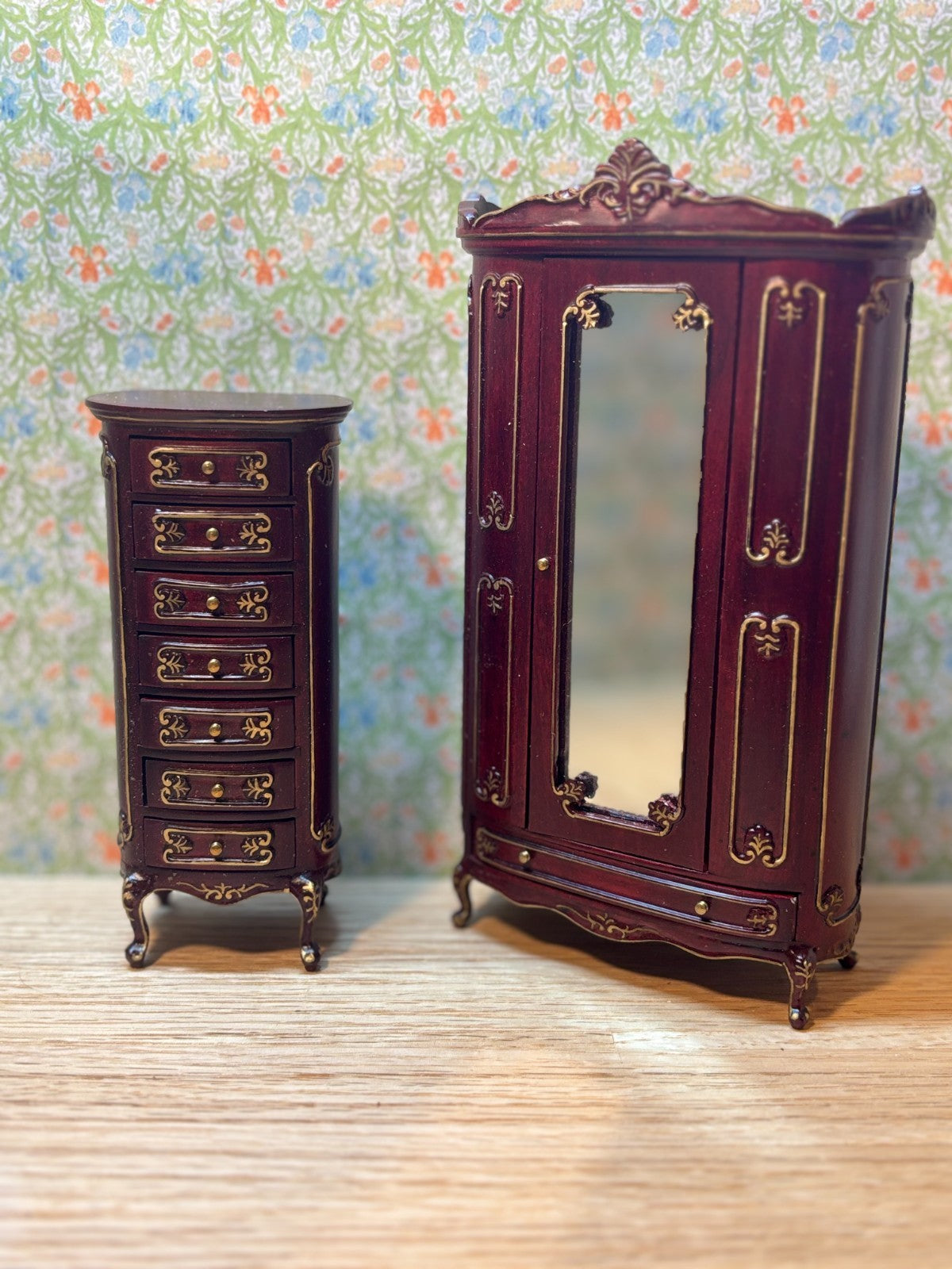 Dollhouse Miniature 7 Piece Walnut Belter Bedroom Set Set by Hansson