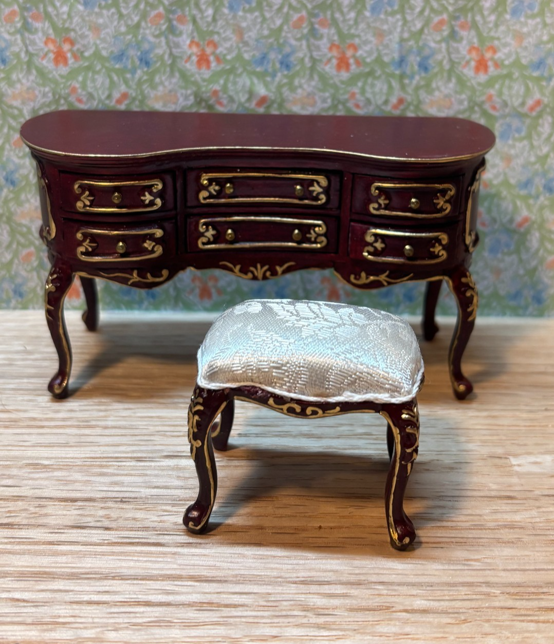 Dollhouse Miniature 7 Piece Walnut Belter Bedroom Set Set by Hansson