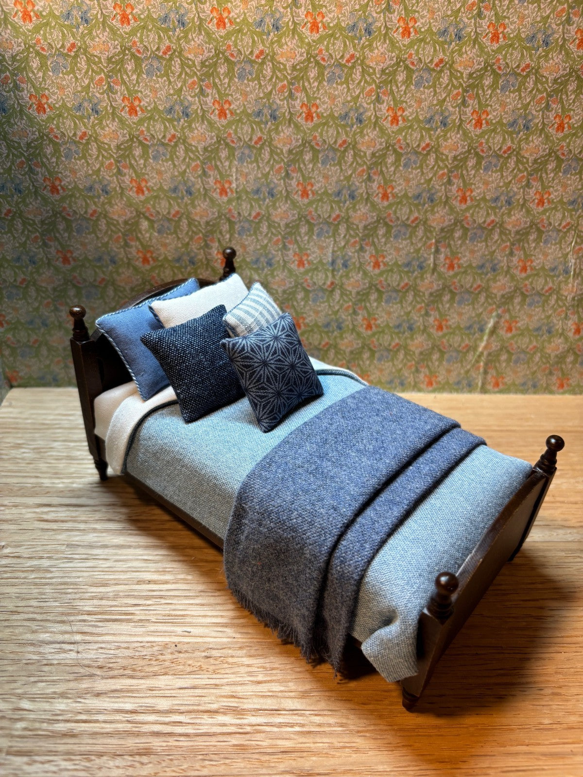 Dollhouse Miniature Dark Walnut Dressed Single Bed