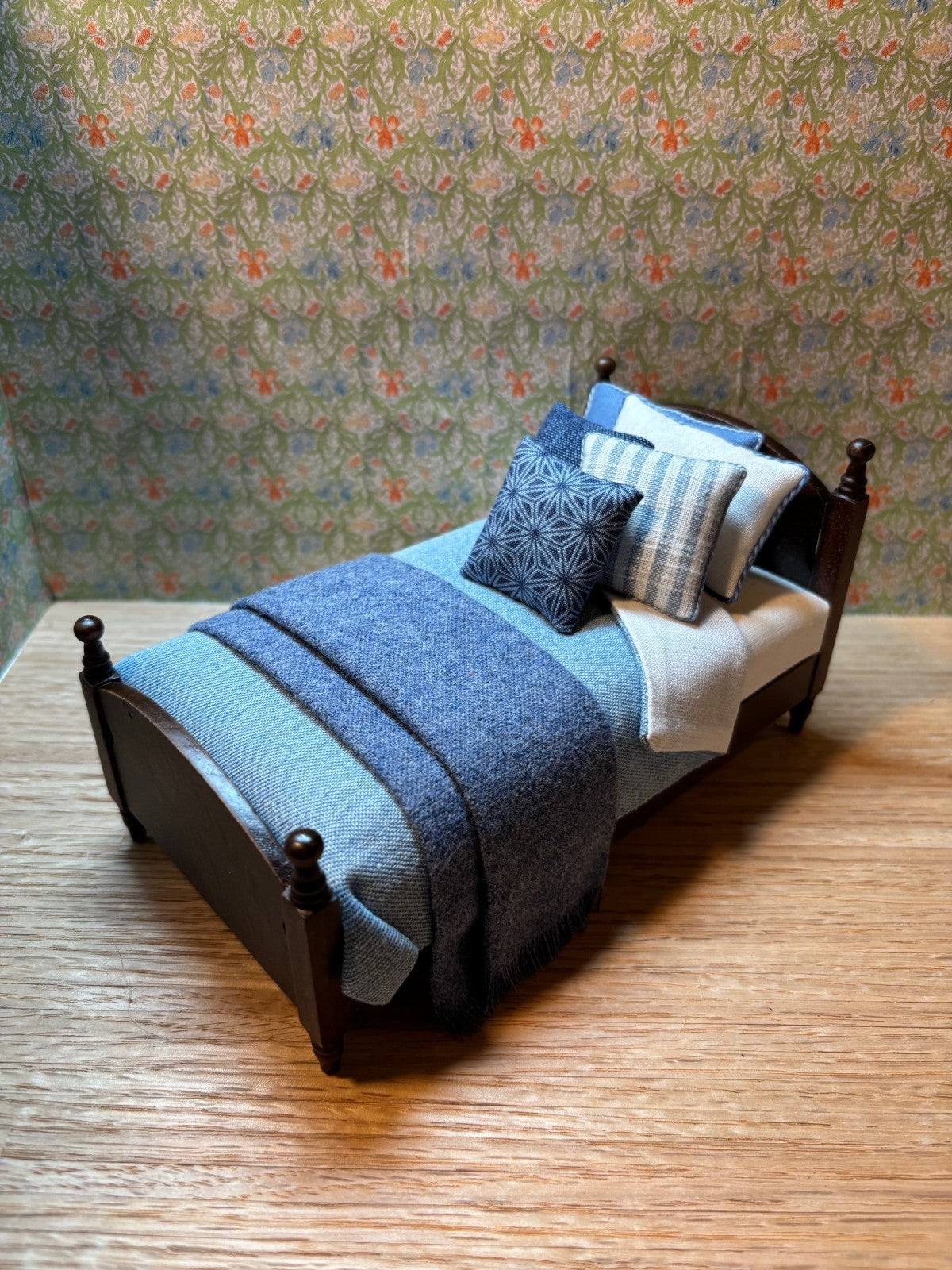 Dollhouse Miniature Dark Walnut Dressed Single Bed