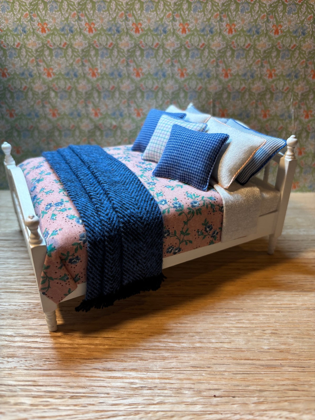 Dollhouse Miniature White Dressed Double Bed