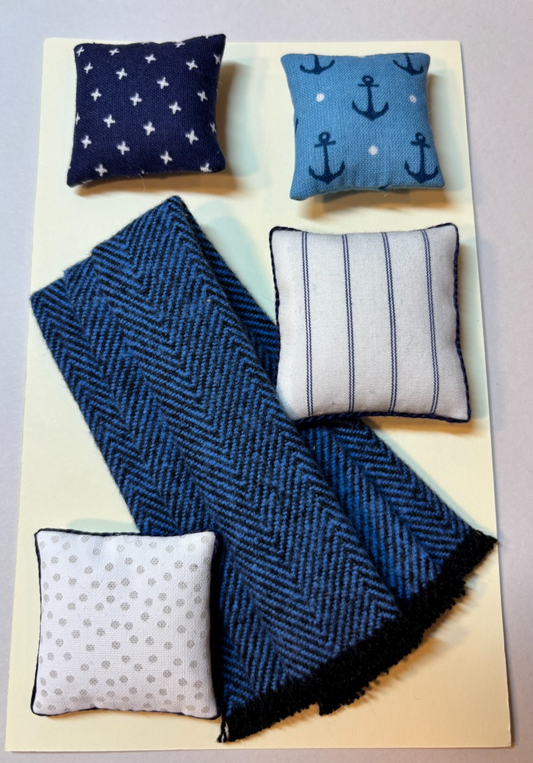 Dollhouse Miniature Dark Blue Denim Throw and Pillow Set