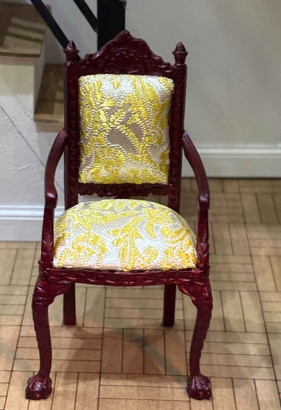 Dollhouse Miniature Mahogany Gold Upholstered Chair by Hansson