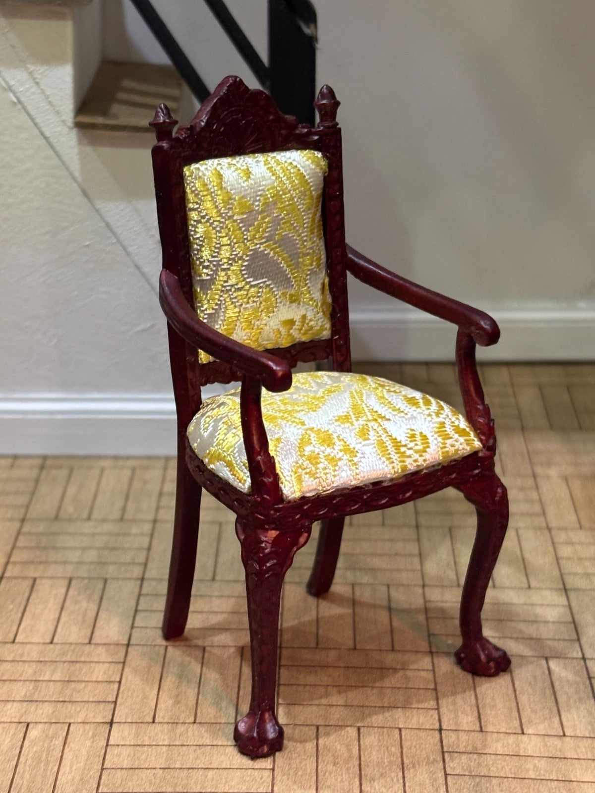 Dollhouse Miniature Mahogany Gold Upholstered Chair by Hansson
