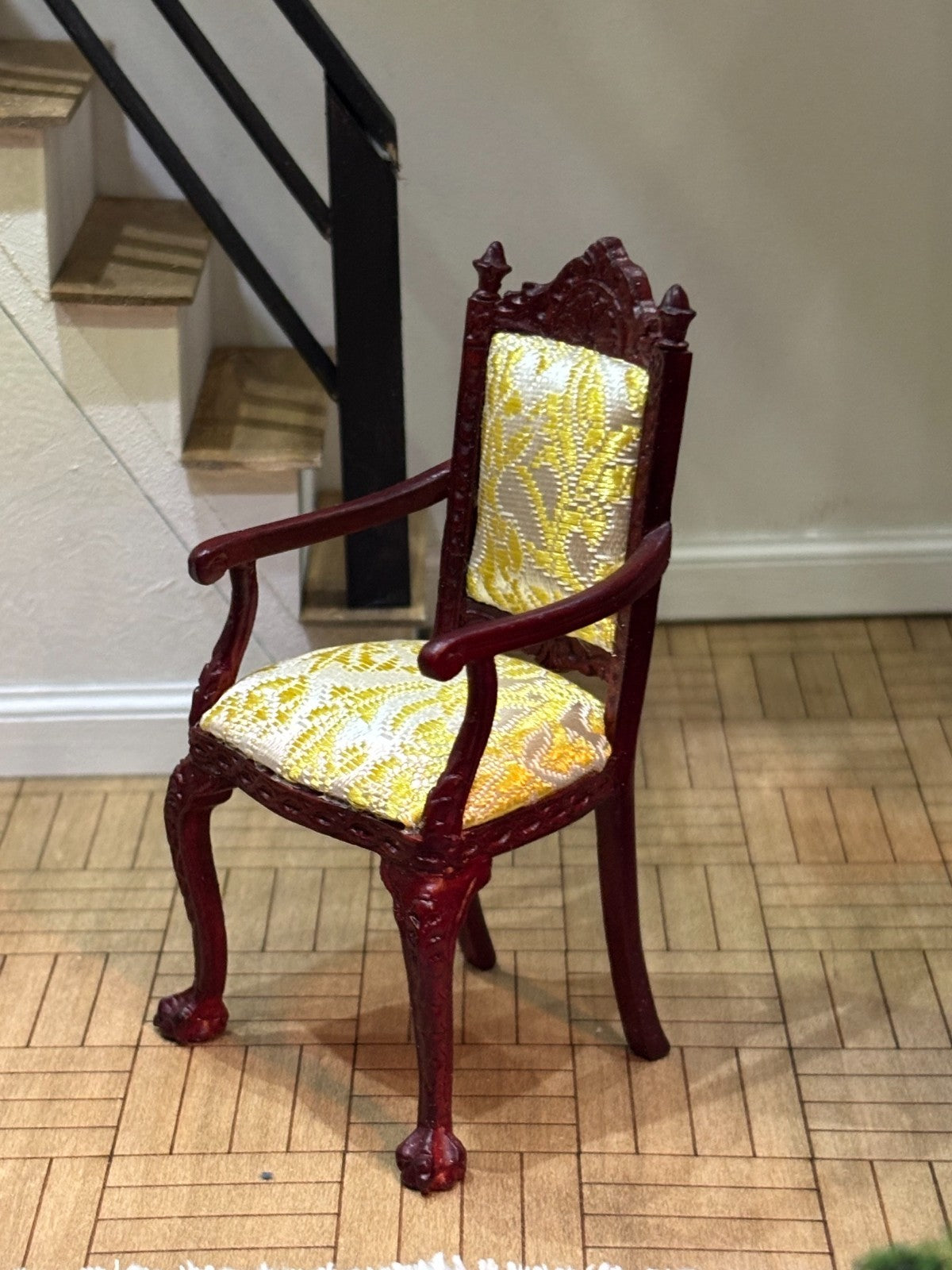 Dollhouse Miniature Mahogany Gold Upholstered Chair by Hansson