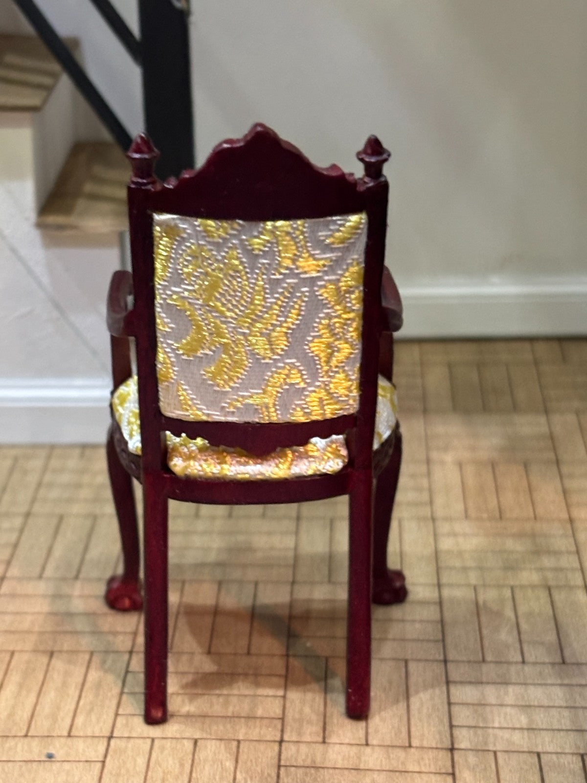 Dollhouse Miniature Mahogany Gold Upholstered Chair by Hansson