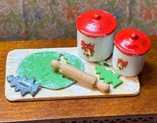Dollhouse Miniature Making Christmas Cookies with Bell Canisters Handcrafted