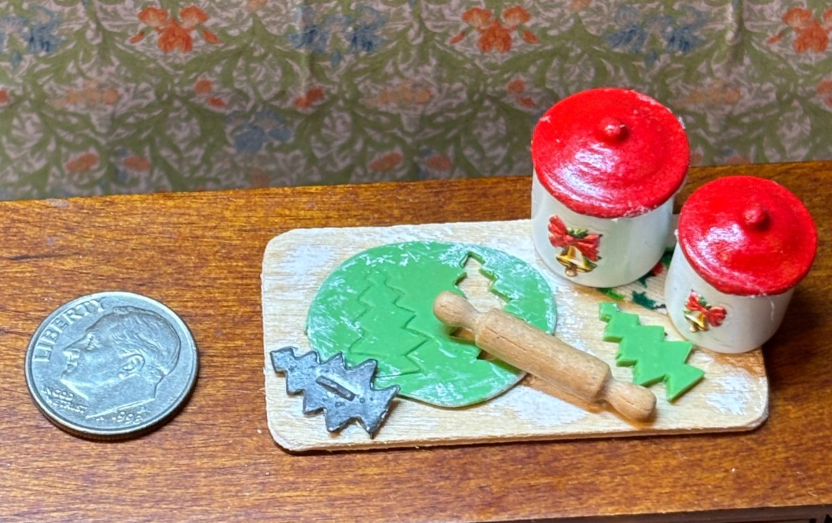 Dollhouse Miniature Making Christmas Cookies with Bell Canisters Handcrafted