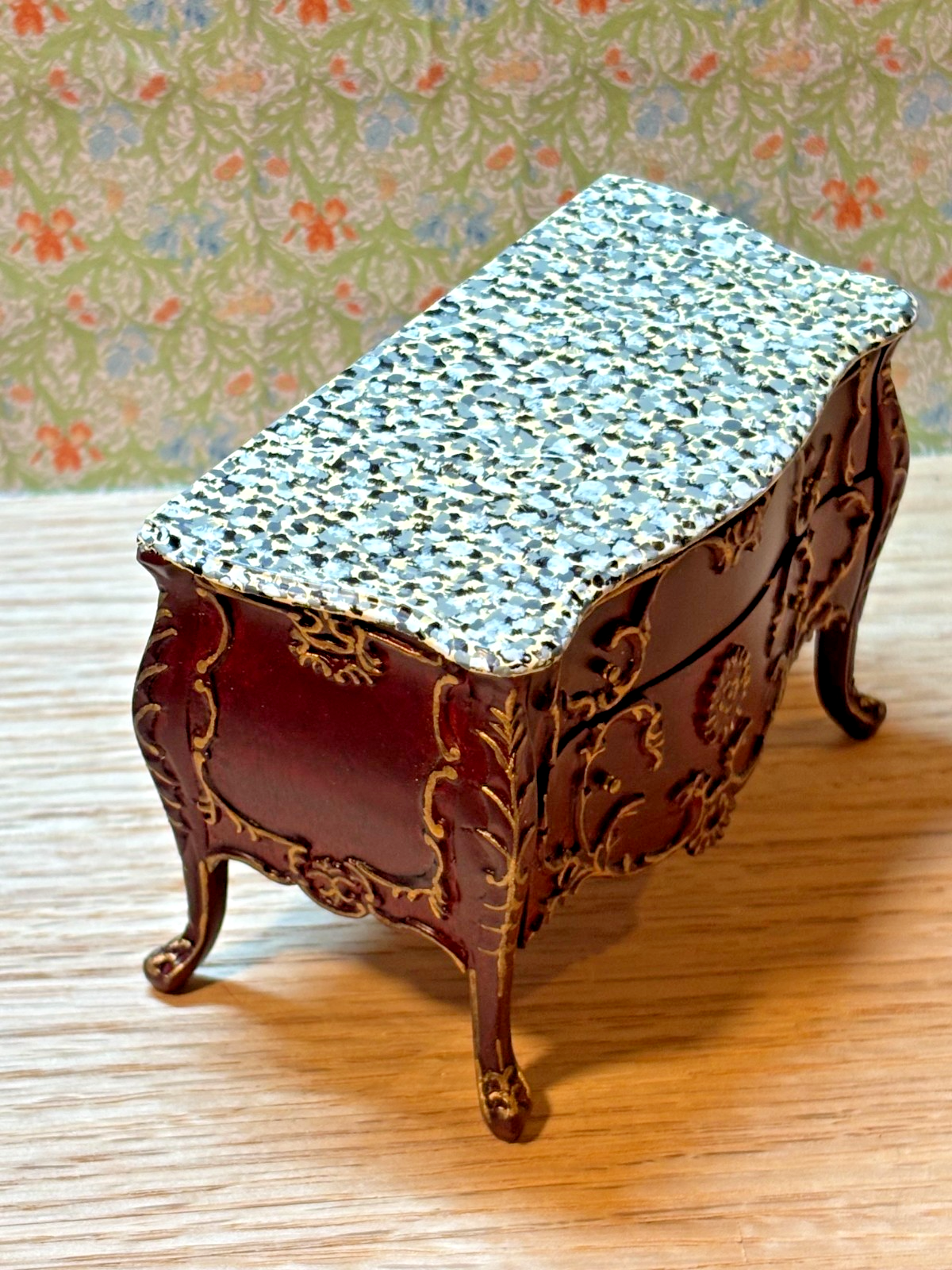 Dollhouse Miniature - Mahogany and Gold Console with Marble Like Top by Hansson