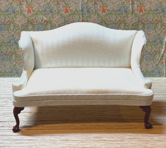 Dollhouse Miniature Walnut Sofa with White Striped Upholstery by Hansson