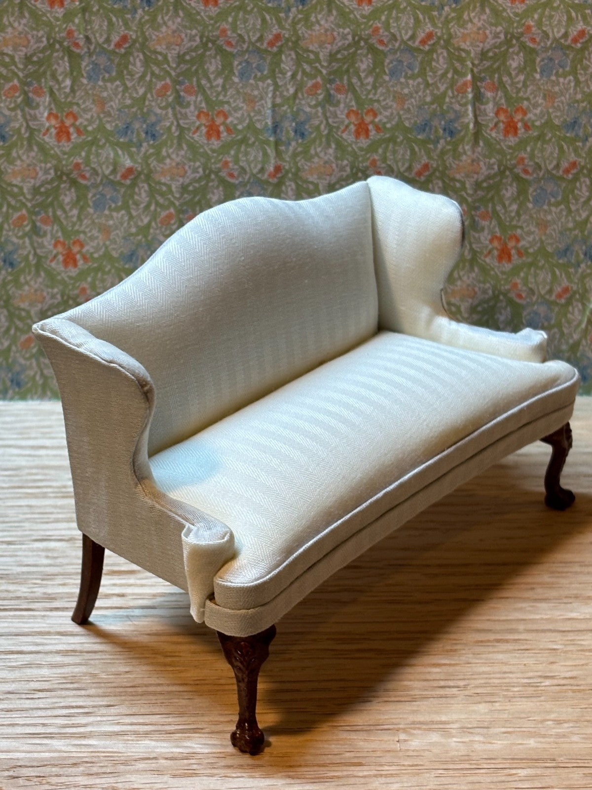 Dollhouse Miniature Walnut Sofa with White Striped Upholstery by Hansson
