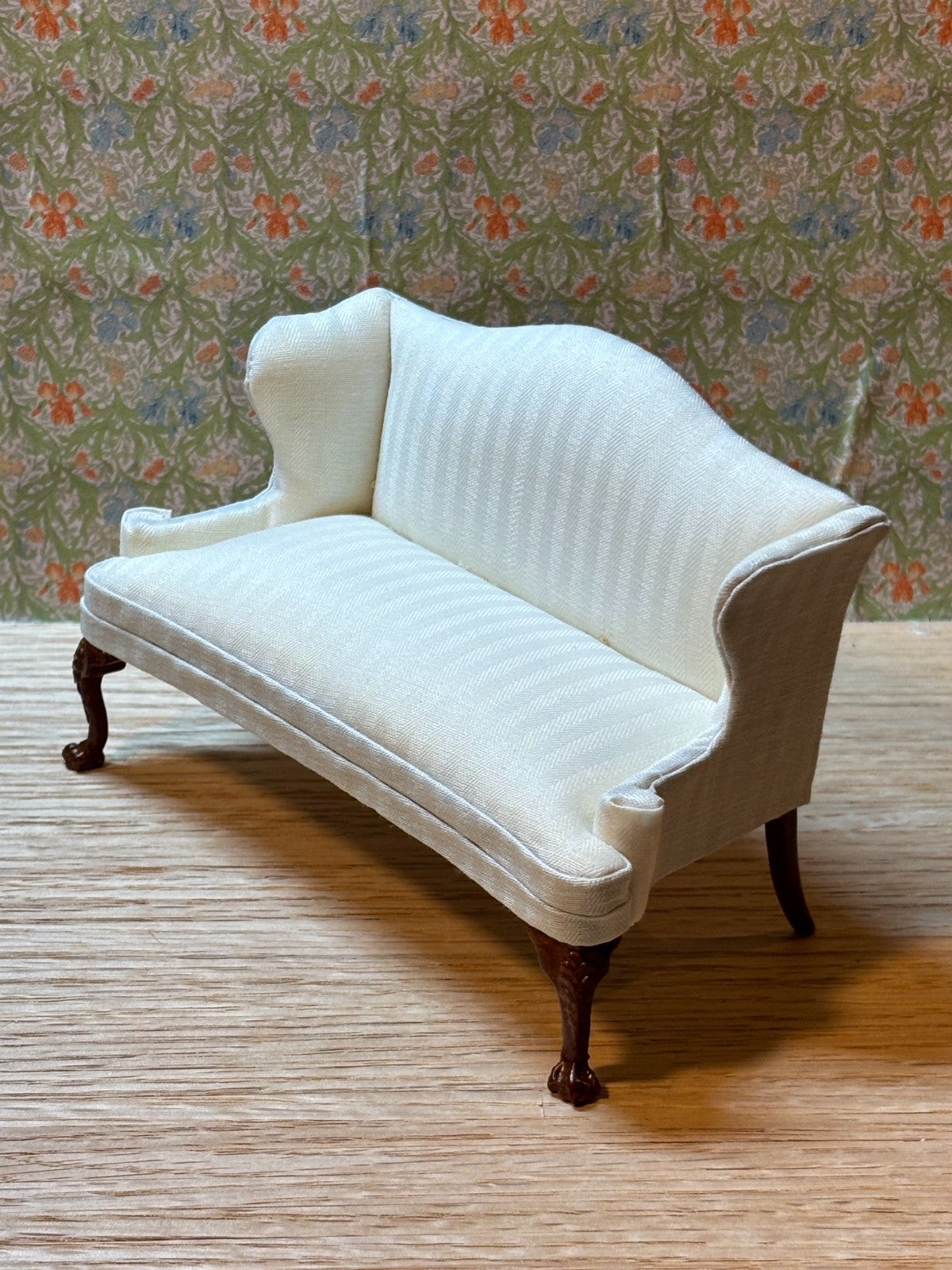 Dollhouse Miniature Walnut Sofa with White Striped Upholstery by Hansson