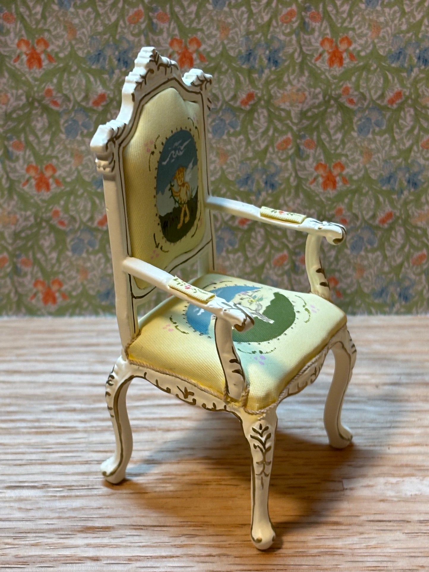 Dollhouse Miniature White Arm Chair with Cupid Design by Hansson