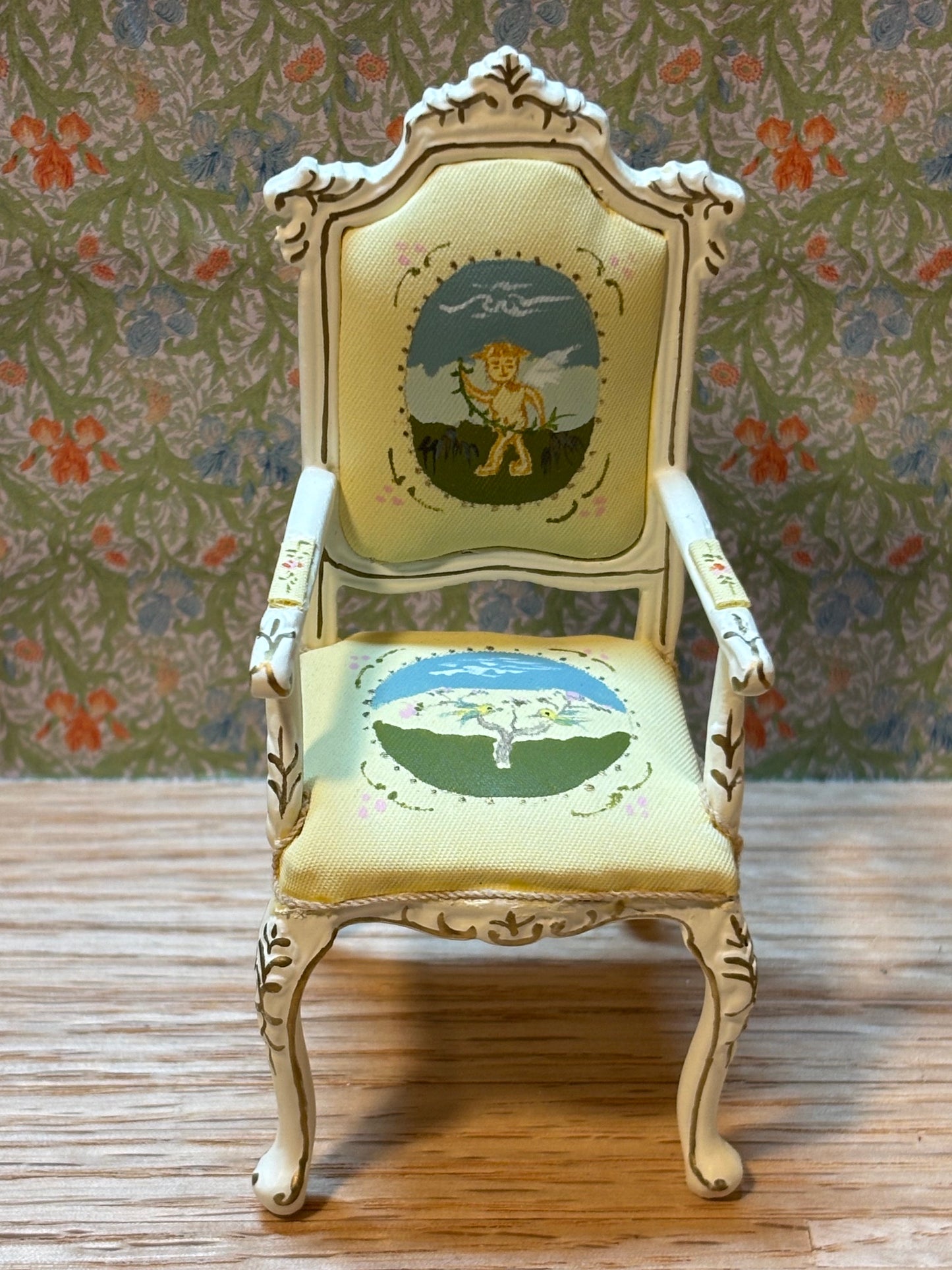 Dollhouse Miniature White Arm Chair with Cupid Design by Hansson