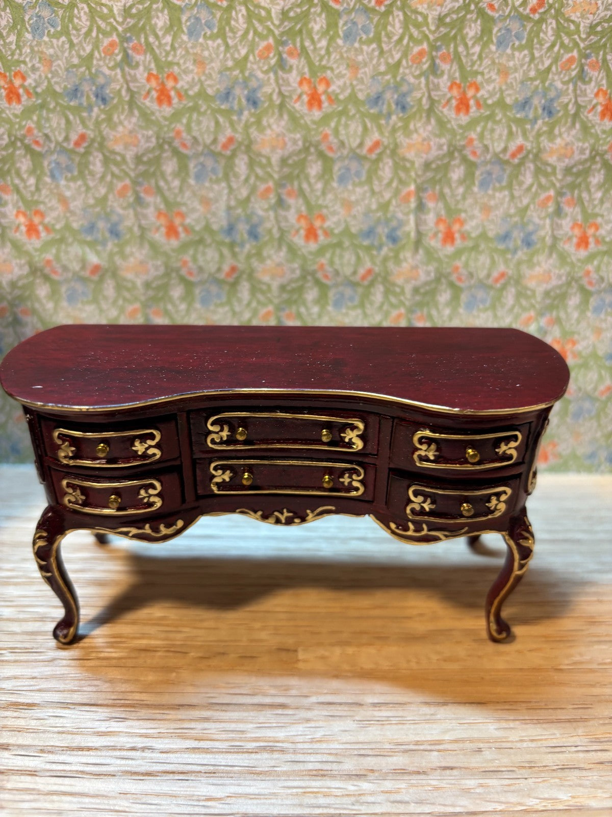 Dollhouse Miniature 5 Piece Mahogany and Gold  Bedroom Furniture Set by Hansson