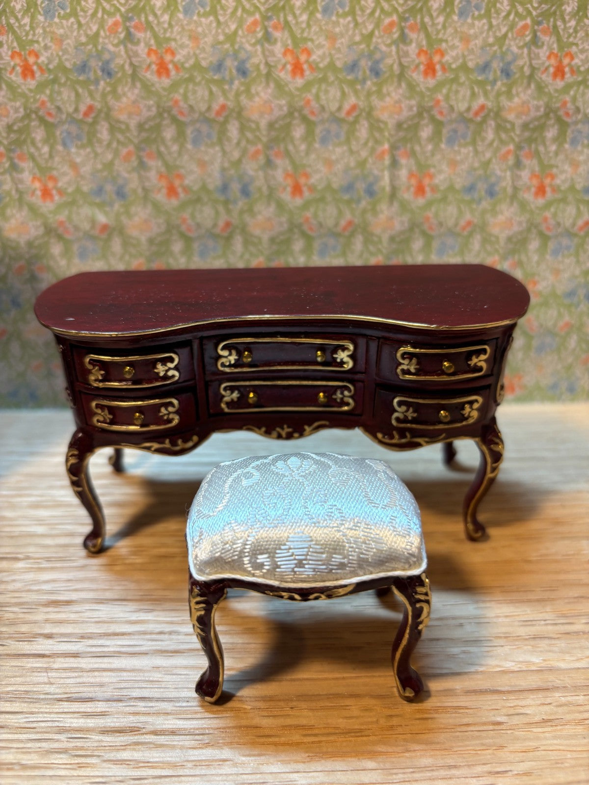 Dollhouse Miniature 5 Piece Mahogany and Gold  Bedroom Furniture Set by Hansson