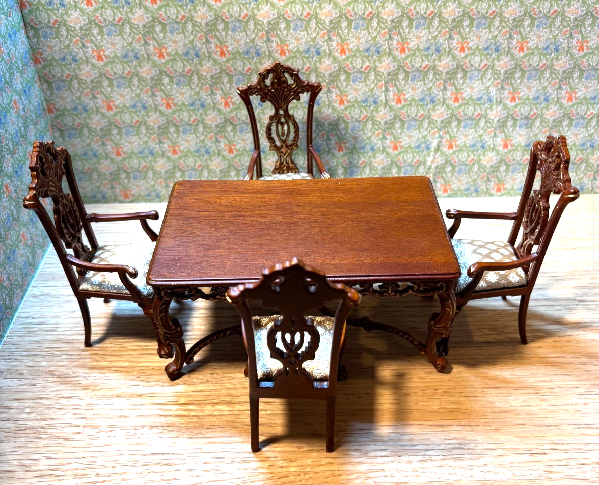 Dollhouse Miniature 5 Piece Walnut and Gold Dining Set Set by Hansson