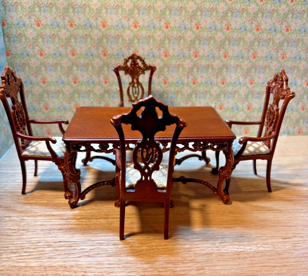 Dollhouse Miniature 5 Piece Walnut and Gold Dining Set Set by Hansson