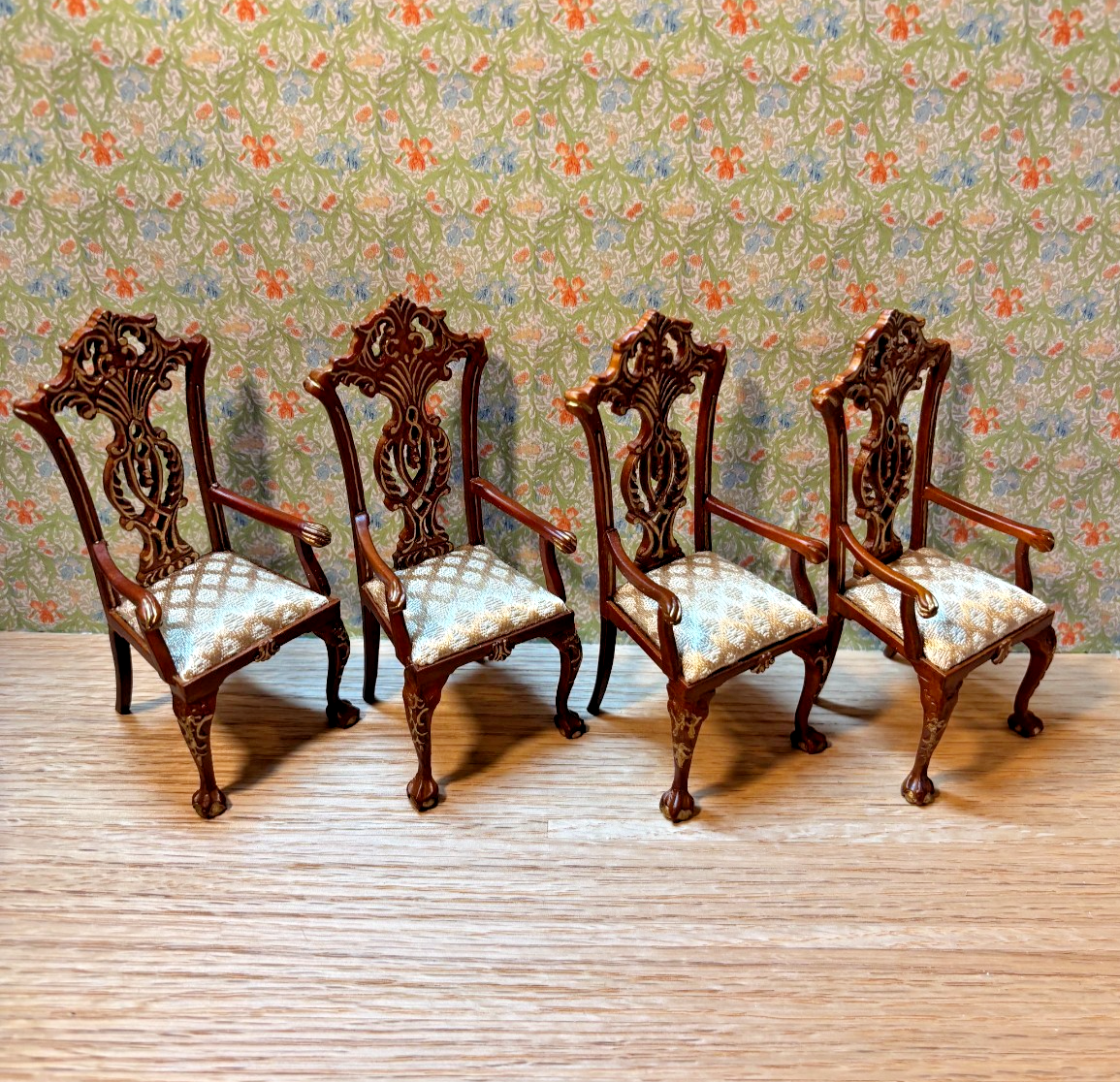 Dollhouse Miniature 5 Piece Walnut and Gold Dining Set Set by Hansson