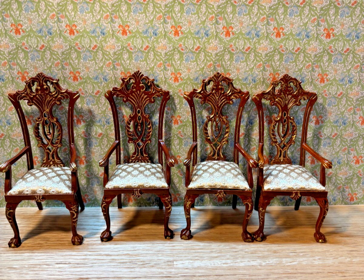 Dollhouse Miniature 5 Piece Walnut and Gold Dining Set Set by Hansson