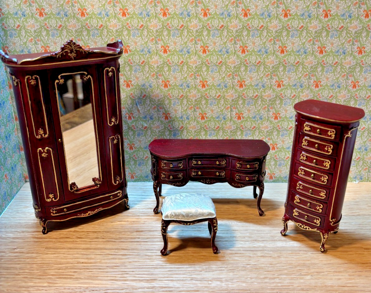 Dollhouse Miniature 4 Piece Mahogany and Gold  Bedroom Furniture Set by Hansson