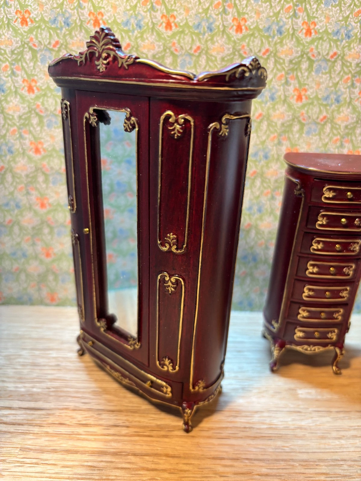 Dollhouse Miniature 4 Piece Mahogany and Gold  Bedroom Furniture Set by Hansson
