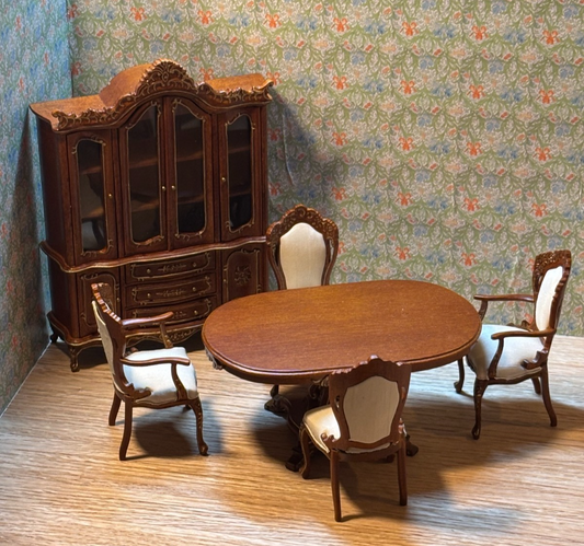 Dollhouse Miniature 6-Piece Walnut Dining Set with Hutch by Hansson