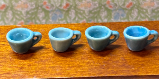 Dollhouse Miniature Set of 4 Blue Ceramic Coffee Cups