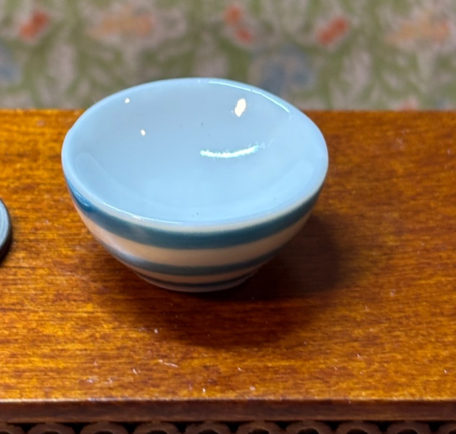 Dollhouse Miniature Blue Striped Ceramic Bowl