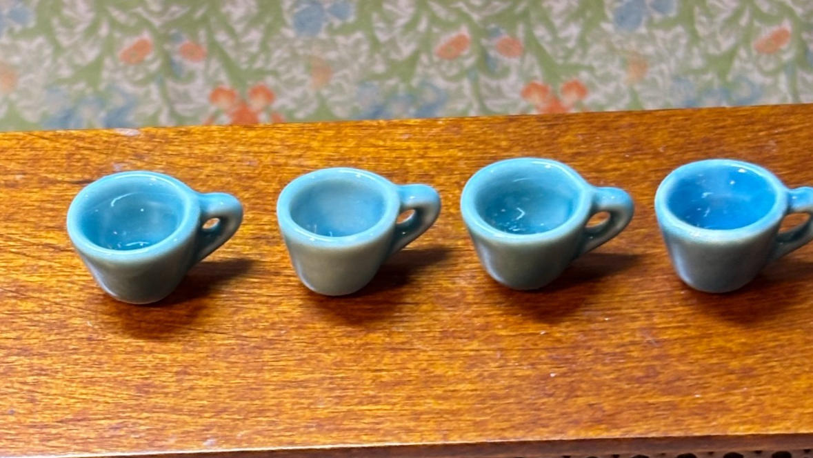 Dollhouse Miniature Set of 4 Blue Ceramic Coffee Cups