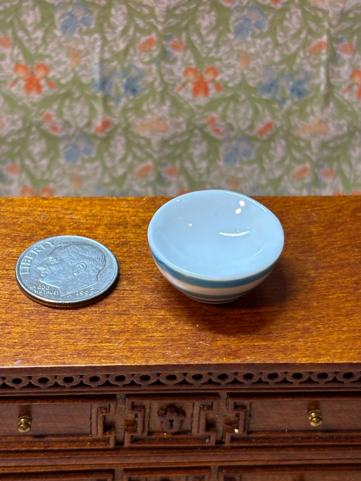 Dollhouse Miniature Blue Striped Ceramic Bowl