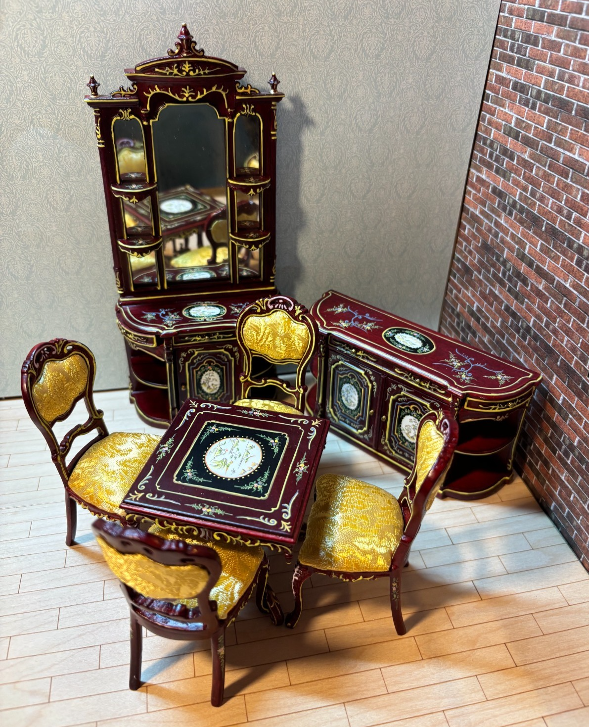 Dollhouse Miniature 7-Piece Mahogany and Gold Dining Set by Hansson