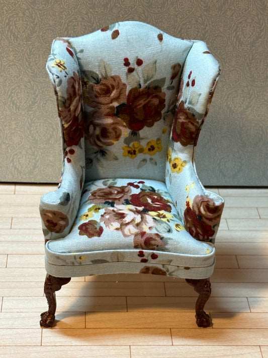Dollhouse Miniature Blue Floral Wingback Chair by Hansson