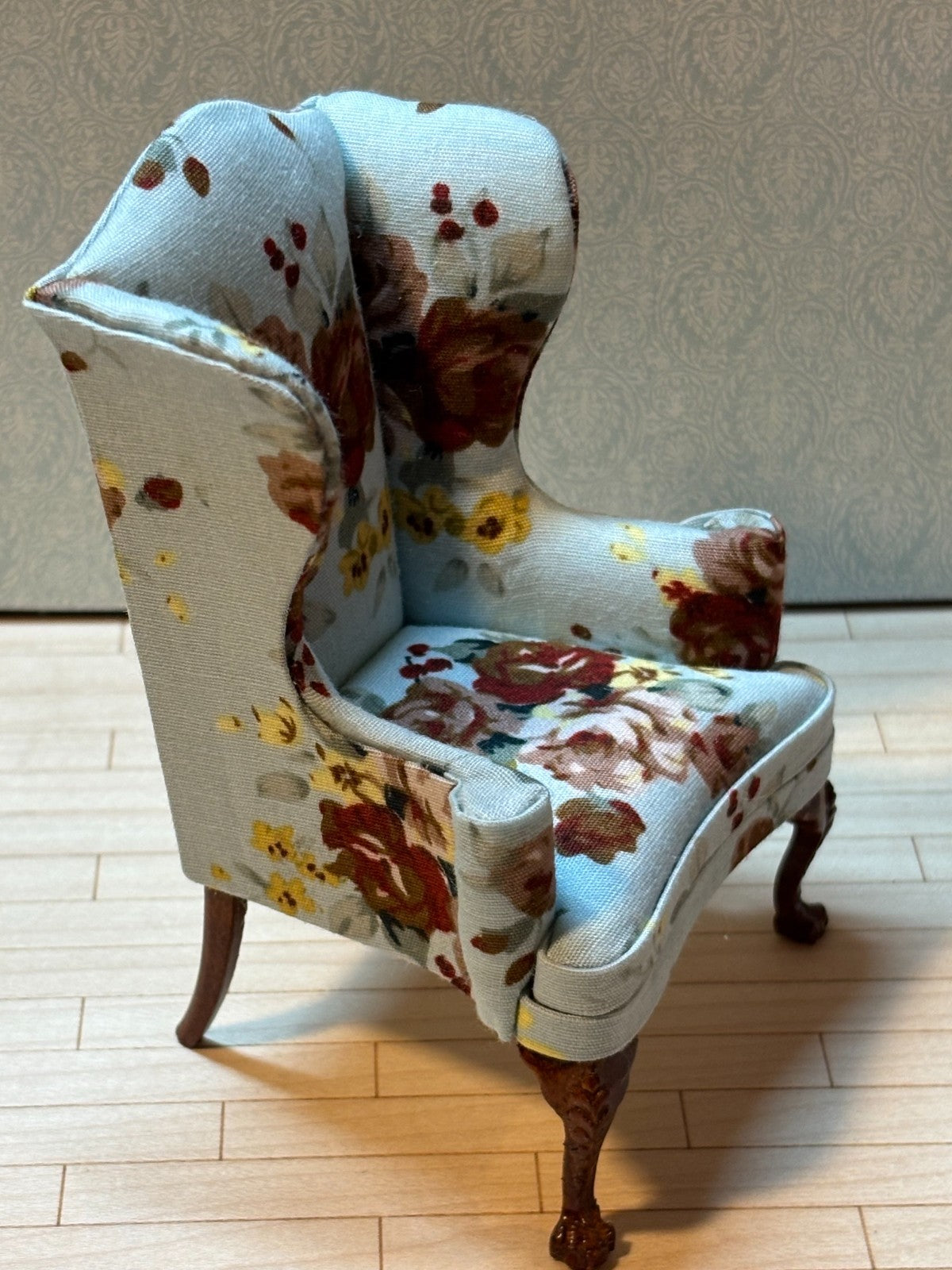 Dollhouse Miniature Blue Floral Wingback Chair by Hansson