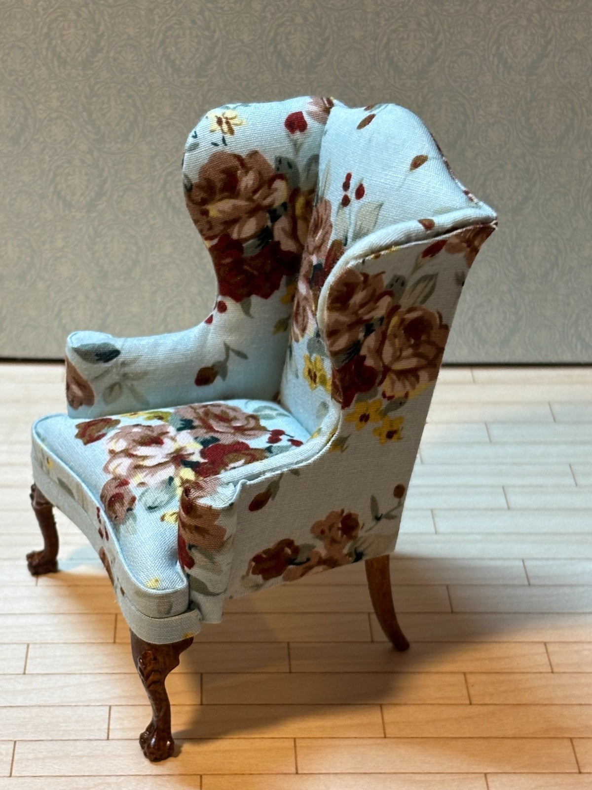 Dollhouse Miniature Blue Floral Wingback Chair by Hansson