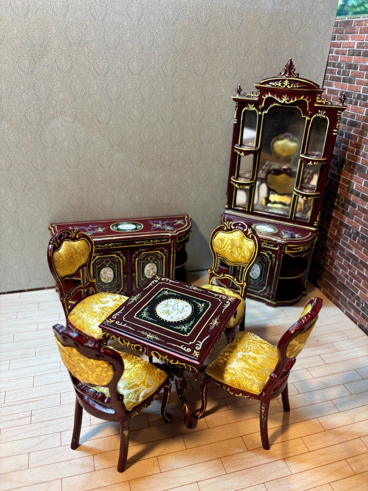 Dollhouse Miniature 7-Piece Mahogany and Gold Dining Set by Hansson