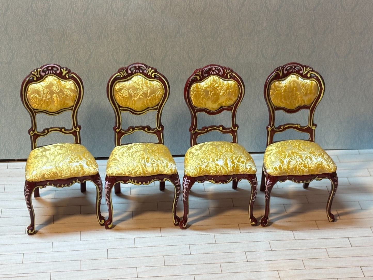 Dollhouse Miniature 4 Mahogany and Gold Dining Chairs by Hansson
