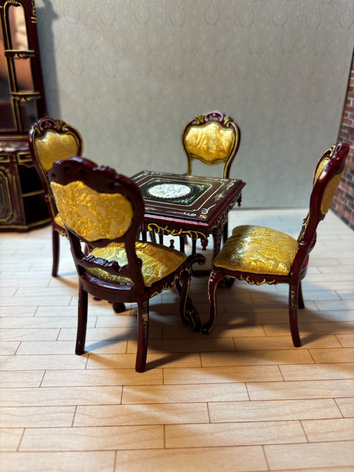 Dollhouse Miniature 7-Piece Mahogany and Gold Dining Set by Hansson
