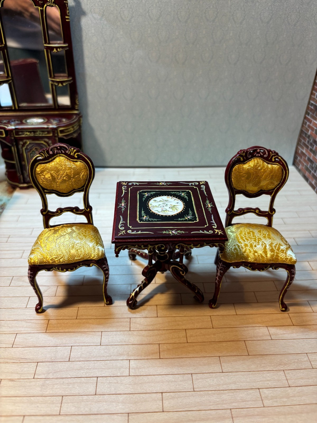 Dollhouse Miniature 7-Piece Mahogany and Gold Dining Set by Hansson