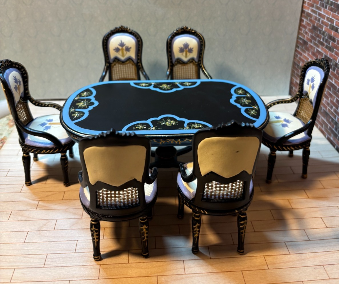 Dollhouse Miniature 7-Piece Black, Blue, and Gold Dining Set by Hansson