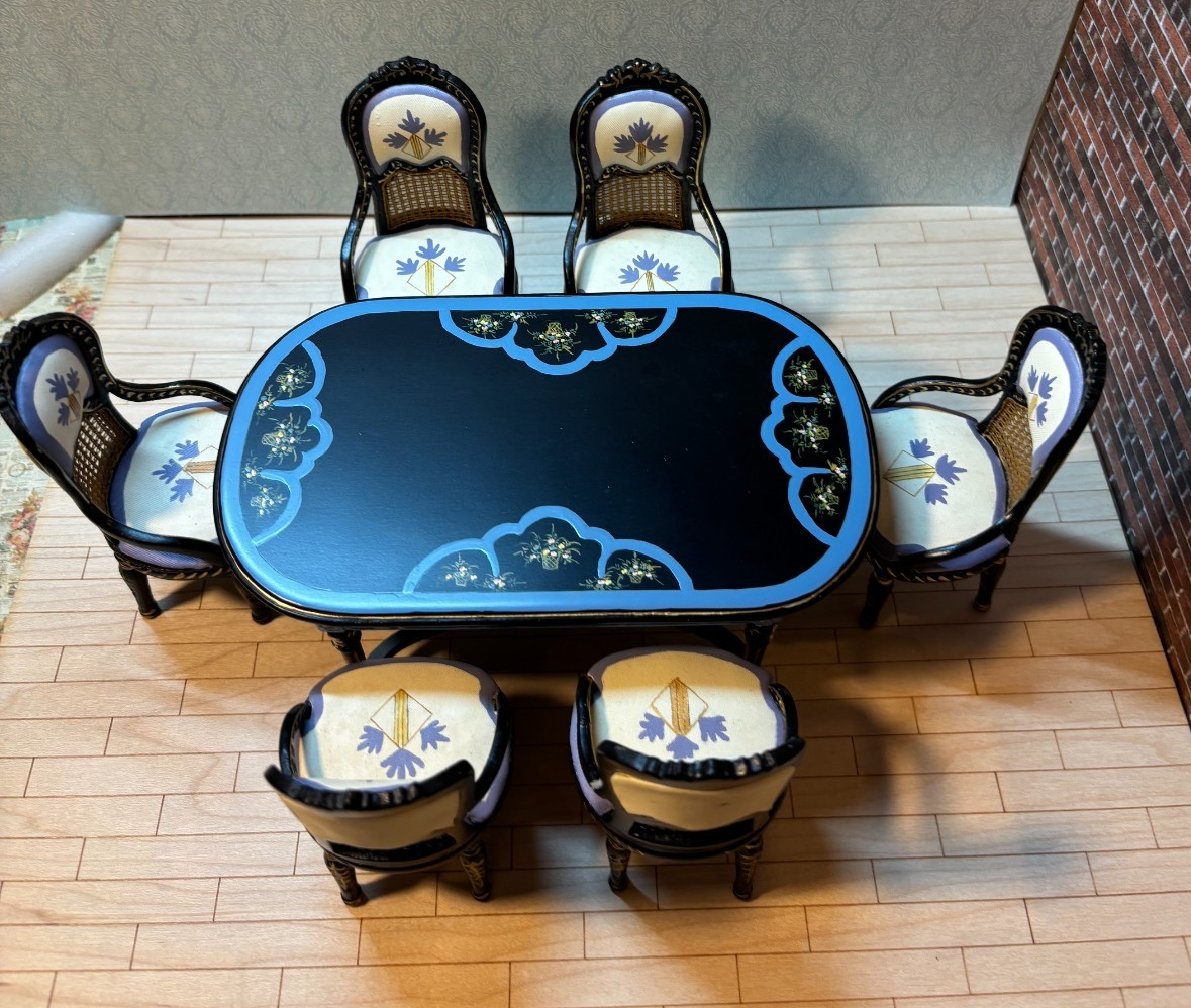 Dollhouse Miniature 7-Piece Black, Blue, and Gold Dining Set by Hansson