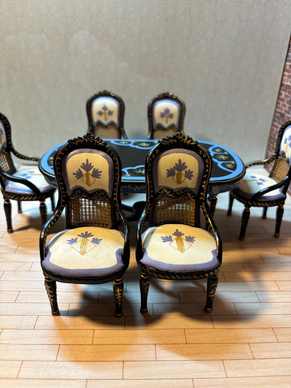 Dollhouse Miniature 7-Piece Black, Blue, and Gold Dining Set by Hansson