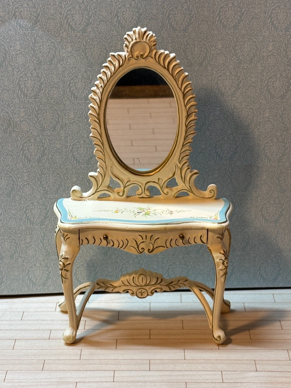 Dollhouse Miniature Blue and White Vanity with Floral Design by Hansson