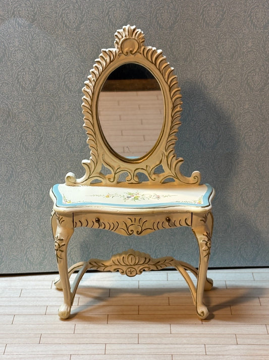 Dollhouse Miniature Blue and White Vanity with Floral Design by Hansson