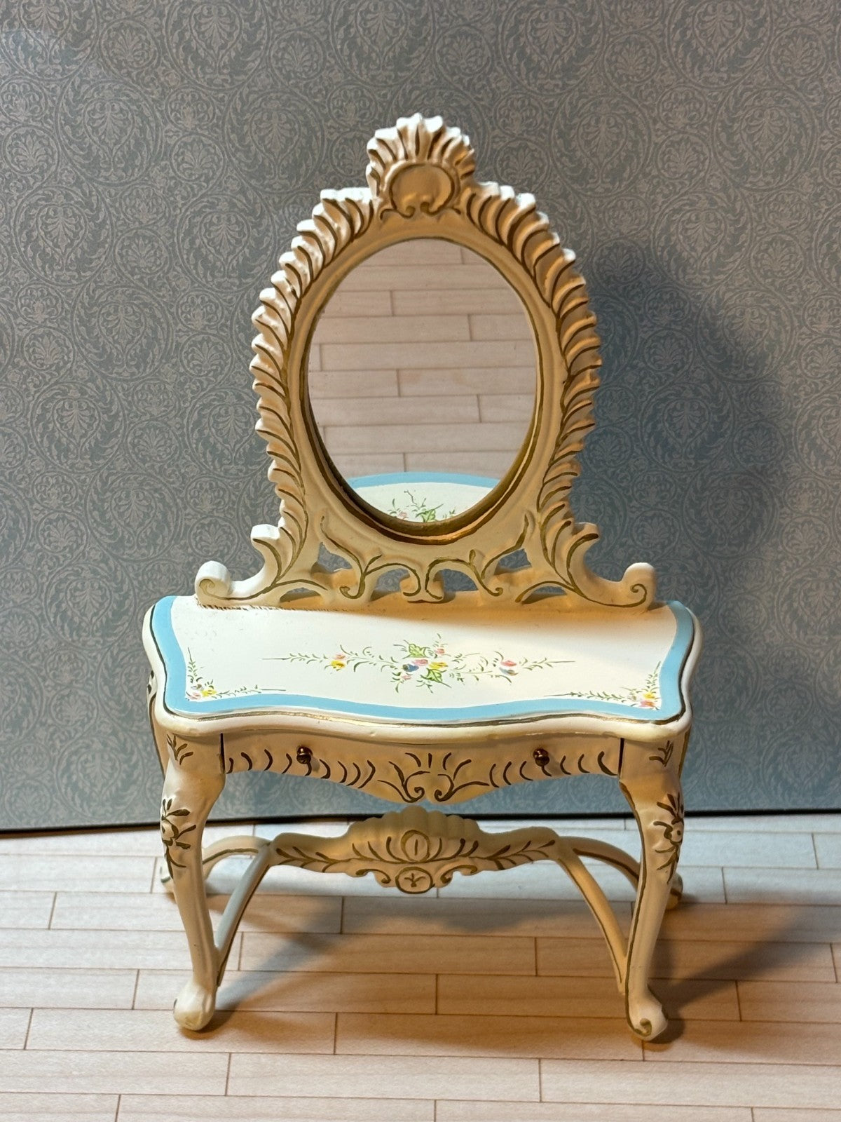 Dollhouse Miniature Blue and White Vanity with Floral Design by Hansson