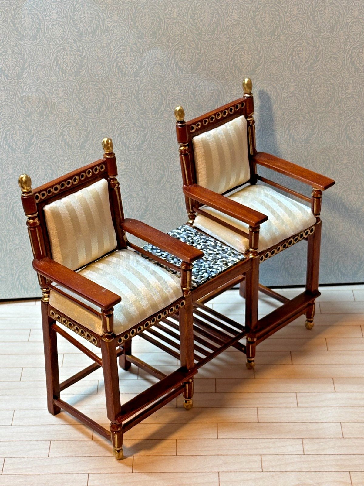 Dollhouse Miniature Walnut and Gold Double Chair by Hansson