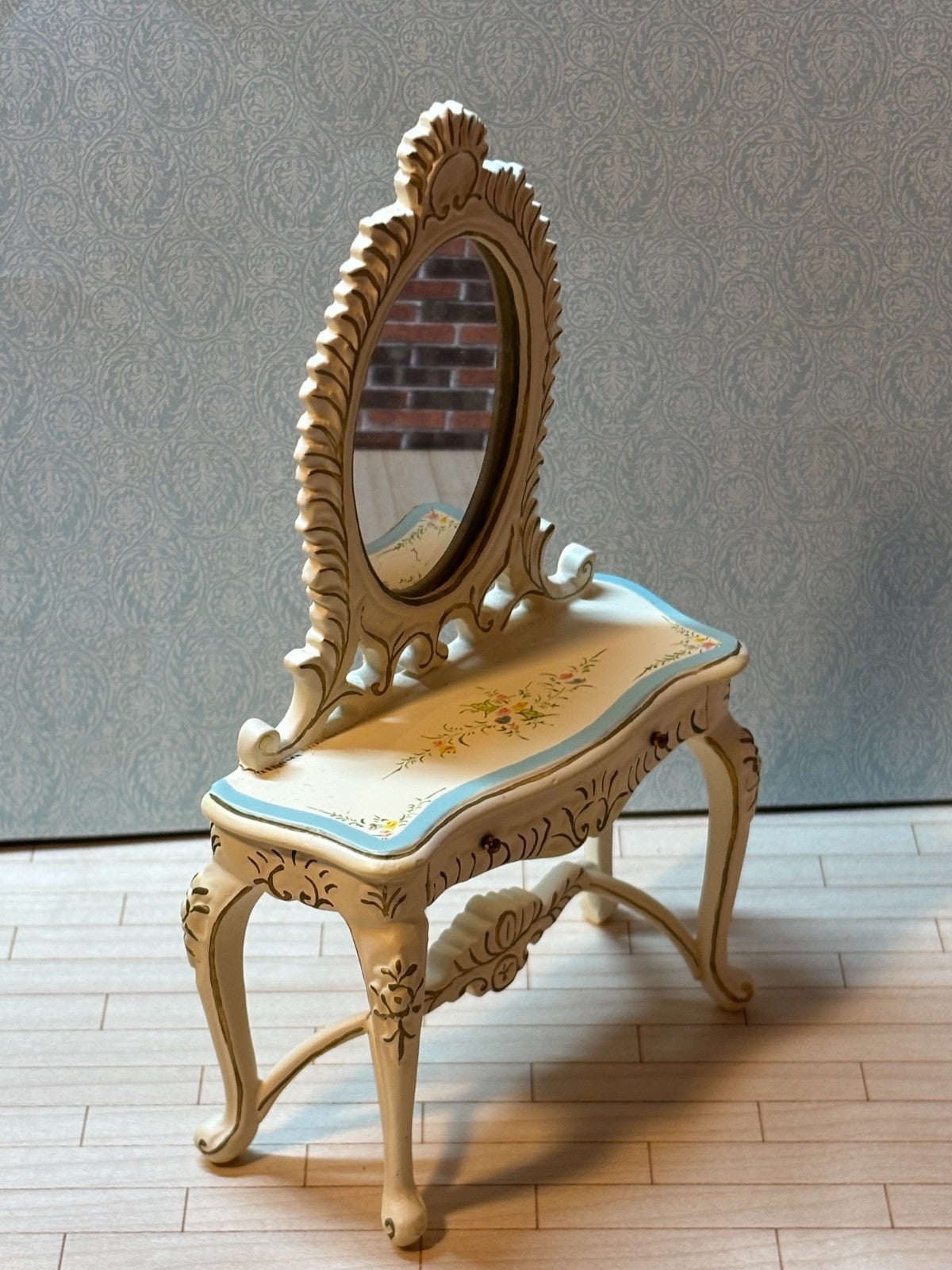 Dollhouse Miniature Blue and White Vanity with Floral Design by Hansson