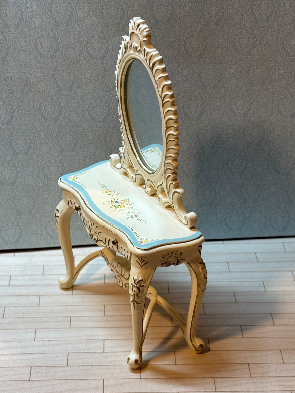 Dollhouse Miniature Blue and White Vanity with Floral Design by Hansson