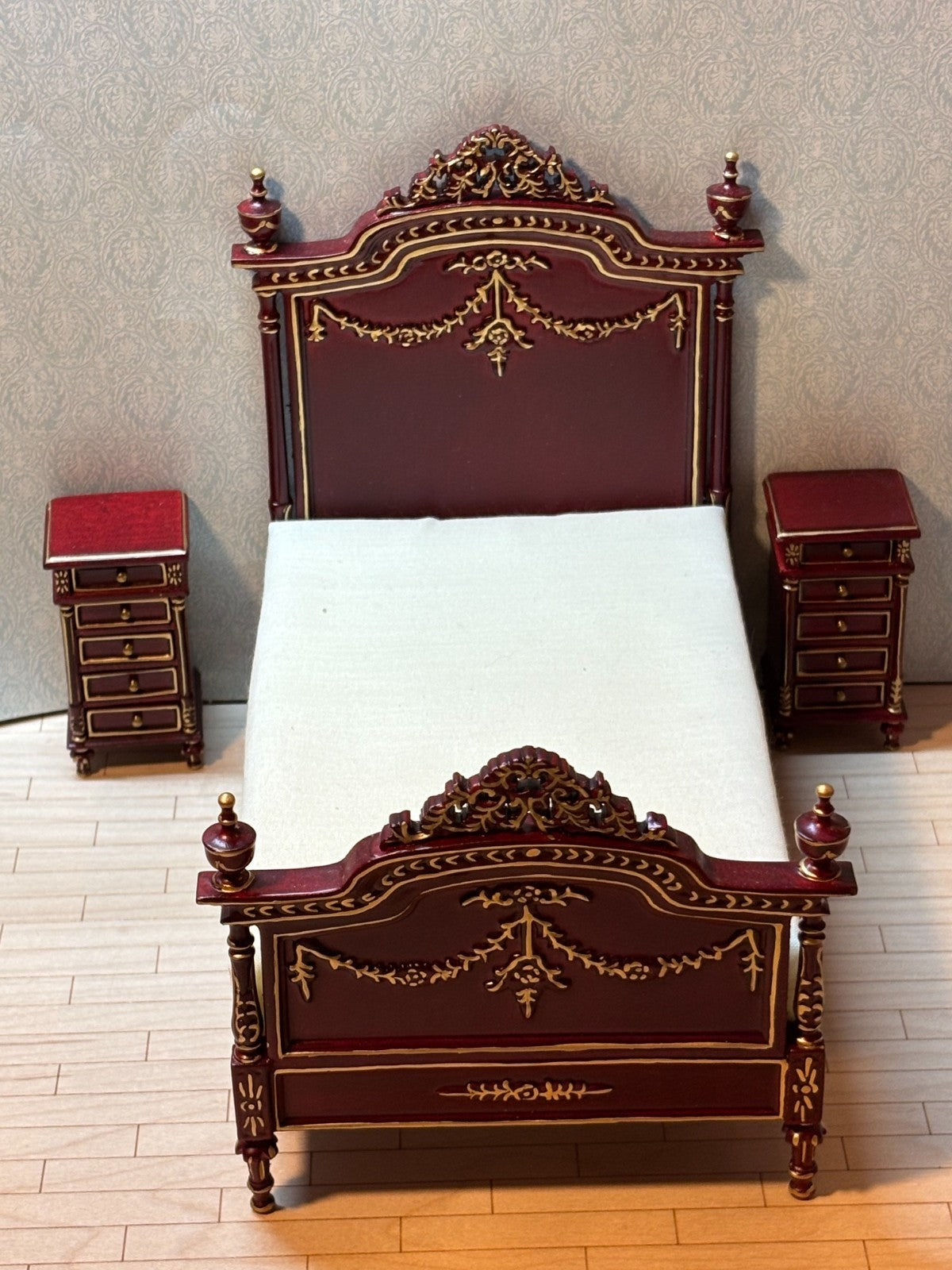 Dollhouse Miniature 3 Piece Mahogany and Gold Bedroom Furniture Set by Hansson