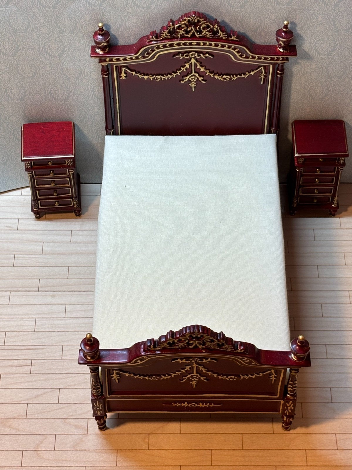 Dollhouse Miniature 3 Piece Mahogany and Gold Bedroom Furniture Set by Hansson